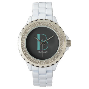 DIY Large Monogram & Name, Teal/White Text, Black Watch