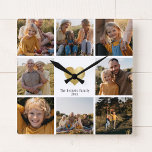 DIY Modern  Family Photo Collage Gold Heart<br><div class="desc">Make your own Family keepsake with this 8 photo modern printed gold heart wall clock with your custom family name and year. Great gift for grandparents!</div>
