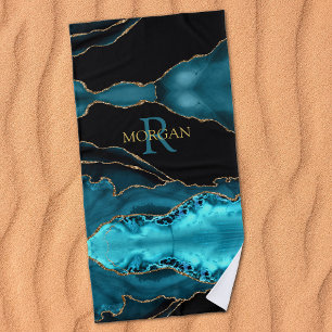DIY Monogram & Gold Name, Black Gold & Teal Agate Beach Towel