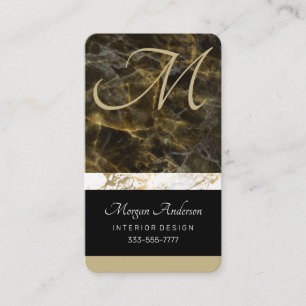 DIY Monogram Info, Elegant Black/White Gold Marble Business Card