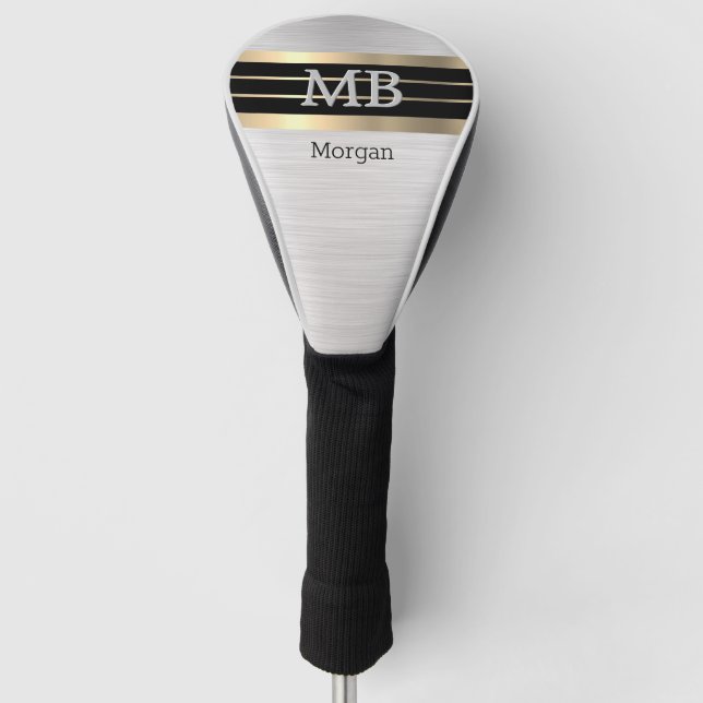 DIY Monogram/Name, Bk/Gold Stripes, Brushed Silver Golf Head Cover (Front)