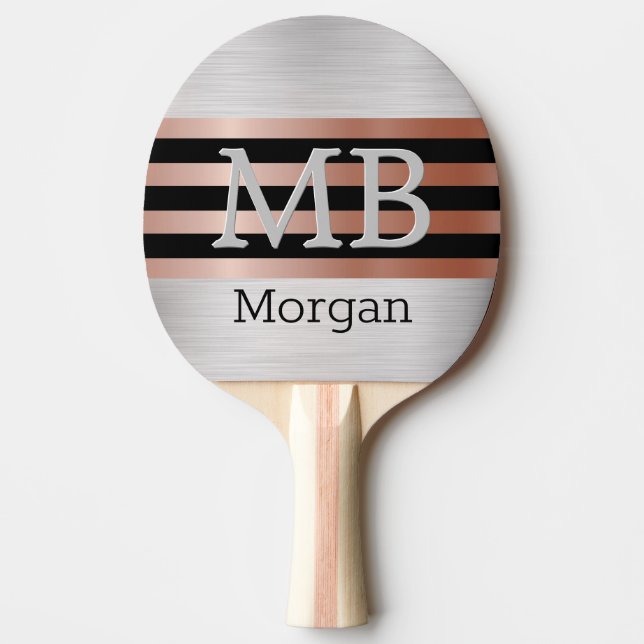 DIY Monogram & Name, Bk/Rose Gold Stripes, Silver Ping Pong Paddle (Front)