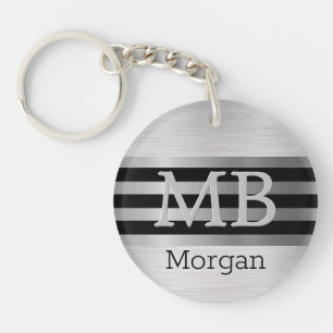 DIY Monogram/Name Bk/Silver Stripes Brushed Silver Key Ring