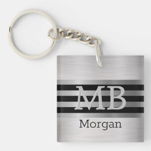 DIY Monogram/Name Bk/Silver Stripes Brushed Silver Key Ring