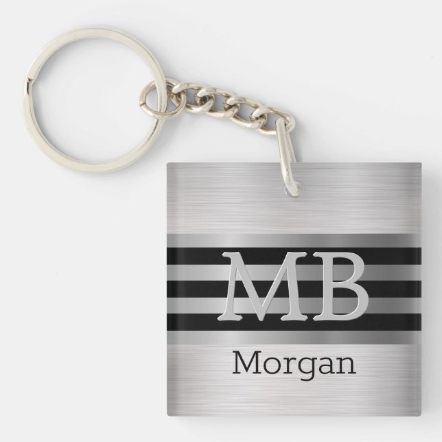 DIY Monogram/Name Bk/Silver Stripes Brushed Silver Key Ring (Front)