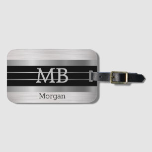 DIY Monogram/Name Bk/Silver Stripes Brushed Silver Luggage Tag