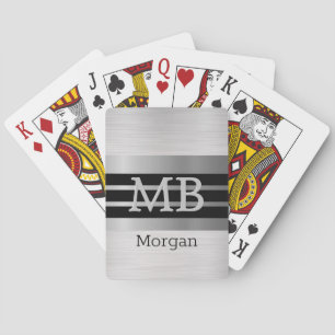 DIY Monogram/Name Bk/Silver Stripes Brushed Silver Playing Cards
