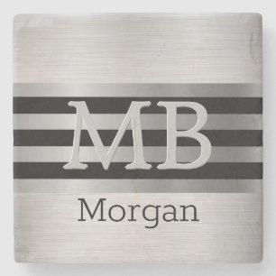 DIY Monogram/Name Bk/Silver Stripes Brushed Silver Stone Coaster