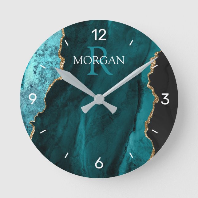 DIY Monogram & Name Black Gold Teal Agate, Numbers Round Clock (Front)