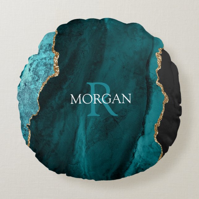 DIY Monogram & Name, Black Gold & Teal Agate Round Cushion (Front)