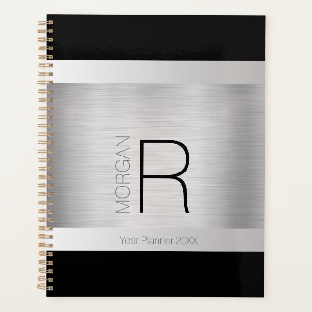 DIY Monogram & Name, Black & Grey, Brushed Silver Planner (Front)