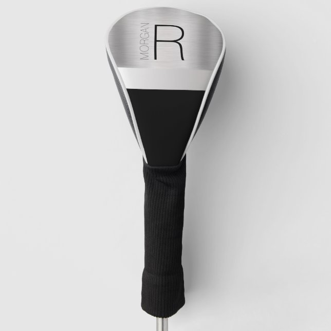 DIY Monogram Name, Black Grey Text, Brushed Silver Golf Head Cover (Front)
