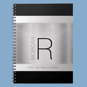 DIY Monogram Name, Black Grey Text, Brushed Silver Notebook