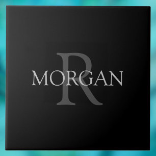 DIY Monogram & Name, Classic Black with Grey Text Tile