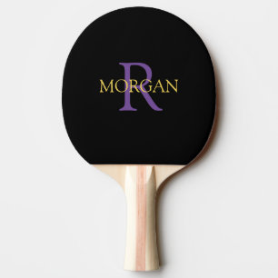DIY Monogram & Name, Gold & Purple Text, Black Ping Pong Paddle