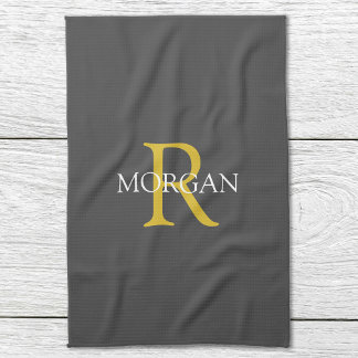 DIY Monogram & Name, Gold/White Text, Dark Grey Tea Towel