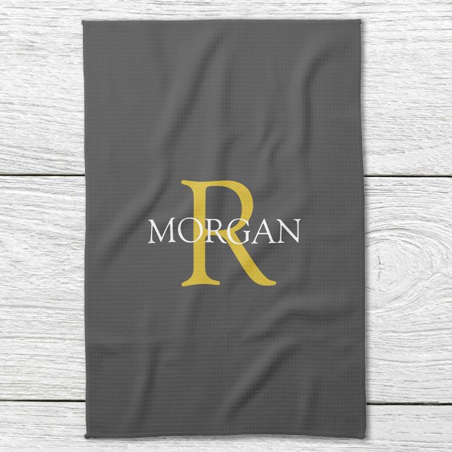 DIY Monogram & Name, Gold/White Text, Dark Grey Tea Towel (Creator Uploaded)