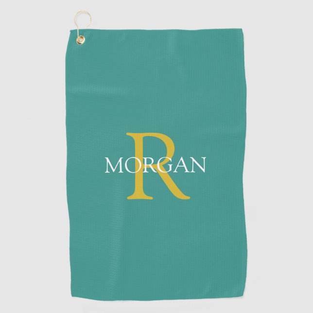 DIY Monogram & Name, Gold & White Text, Teal Golf Towel (Front)