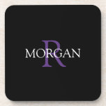 DIY Monogram & Name, Purple & White Text, Black Coaster<br><div class="desc">Personalise with your Monogram and Name In Purple and White Text. This simple Classic Black Design can also be used to promote your Company Name.</div>
