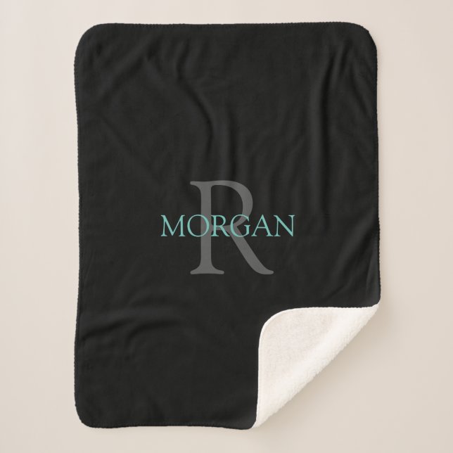 DIY Monogram Name Teal & Dark Grey Text, Black Sherpa Blanket (Front)