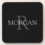 DIY Monogram & Name, Trendy Black with Grey Text Coaster<br><div class="desc">Personalize with your Monogram and Name In Grey Text. This simple Classic Black Design can also be used to promote your Company Name.</div>