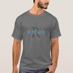 DIY Monogram & Name, Trendy Sky Blue & Grey Text T-Shirt