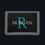 DIY Monogram & Name, Trendy Teal & White Text Trifold Wallet<br><div class="desc">Personalise with your Monogram and Name In Teal and White Text on black background. Click “Customise” to change colours and type styles.</div>