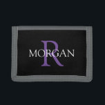 DIY Monogram & Name, Trendy White & Purple Text Trifold Wallet<br><div class="desc">Personalise with your Monogram and Name In Purple and White Text on black background. Click “Customise” to change colours and type styles.</div>