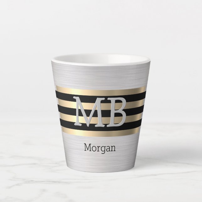 DIY Monogram & Name, Yel Gold Brushed Silver Black Latte Mug (Front)