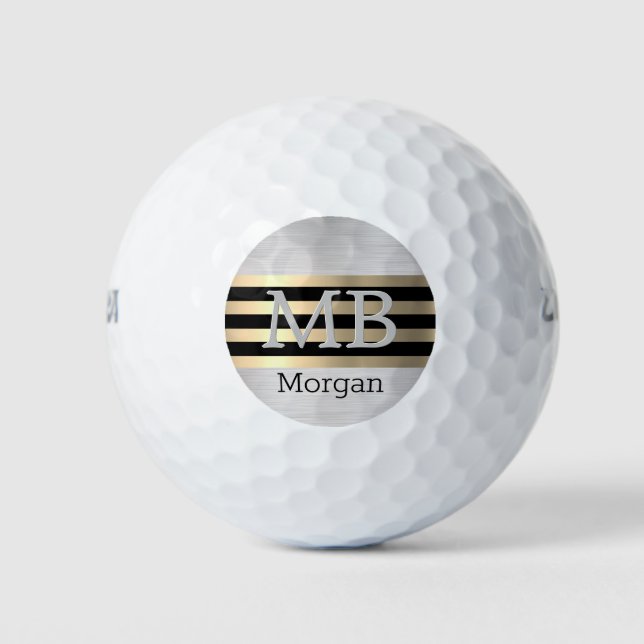 DIY Monogram & Name, Yel Gold Brushed Steel Black Golf Balls (Front)