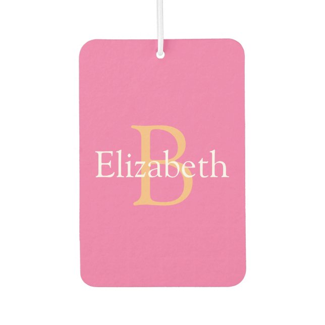 DIY Monogram & Name, Yel Or & White Text on Pink Car Air Freshener (Front)