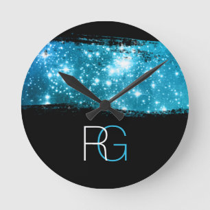 DIY Monogram White & Blue, Stardust Brush Stroke Round Clock