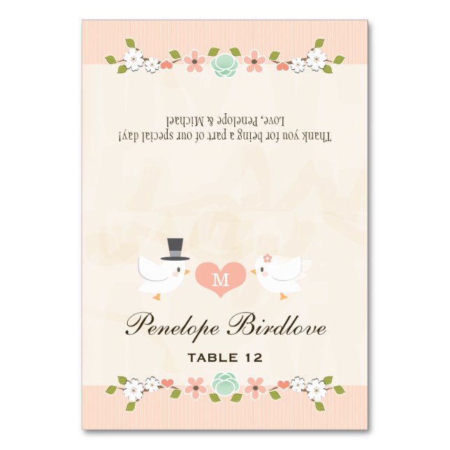 DIY Monogrammed Blush Love Birds Tent Place Cards (Front)