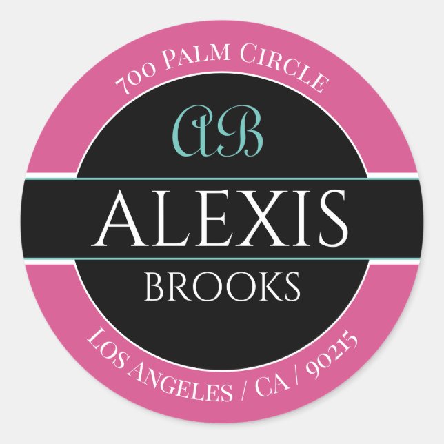 DIY Name Address Monogram, Pink Black & White Classic Round Sticker (Front)