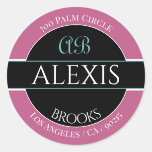 DIY Name Address Monogram, Pink Black White & Teal Classic Round Sticker