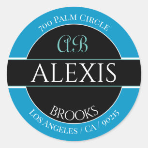 DIY Name Address Monogram, Sky Blue Black & White Classic Round Sticker