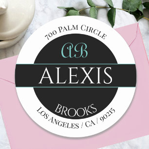DIY Name Address Monogram, White Black & Teal Classic Round Sticker