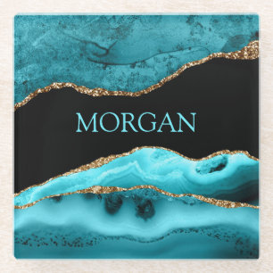 DIY Name, Black, Gold & Teal Agate Glass Coaster