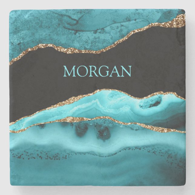DIY Name, Black, Gold & Teal Agate Stone Coaster (Front)