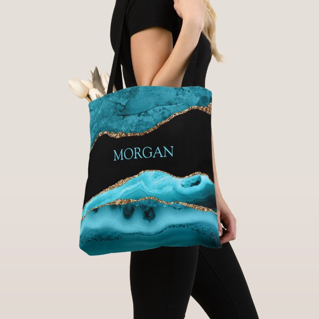 DIY Name, Black, Gold & Teal Agate Tote Bag (Close Up)