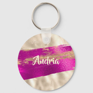 DIY Name Brush Text Fuchsia Platinum Faux Metallic Key Ring
