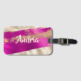 DIY Name Brush Text Fuchsia Platinum Faux Metallic Luggage Tag