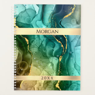 DIY Name/Date Teal/Gold Ink Abstract, Gold Stripes Planner