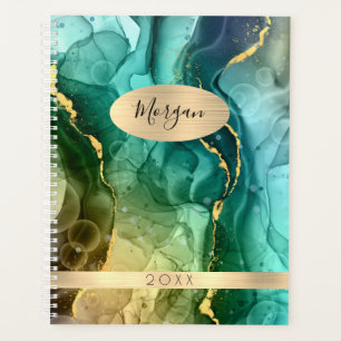 DIY Name & Date, Teal & Gold Ink Abstract Planner