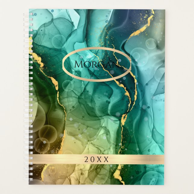 DIY Name & Date, Teal & Gold Ink Abstract, Vs 2 Planner (Front)
