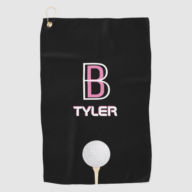 DIY Name & Initial White & Pink, Golf Ball, Black Towel (Front)