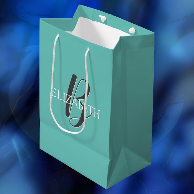 DIY Name & Monogram, B/W Text, Light Teal Medium Gift Bag (Creator Uploaded)