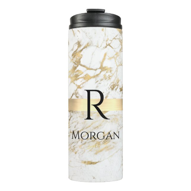  DIY Name & Monogram Blk Text, White & Gold Marble Thermal Tumbler (Front)