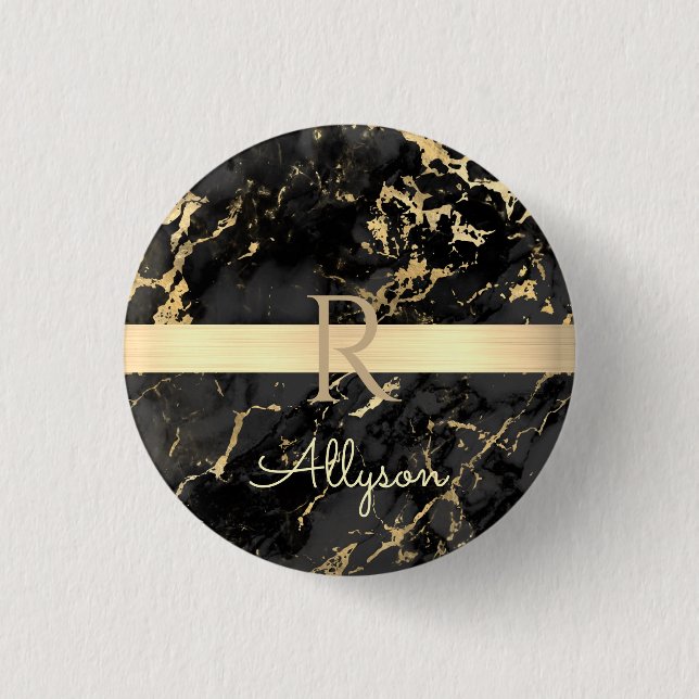 DIY Name & Monogram, Gold Bar, Black & Gold Marble 3 Cm Round Badge (Front)