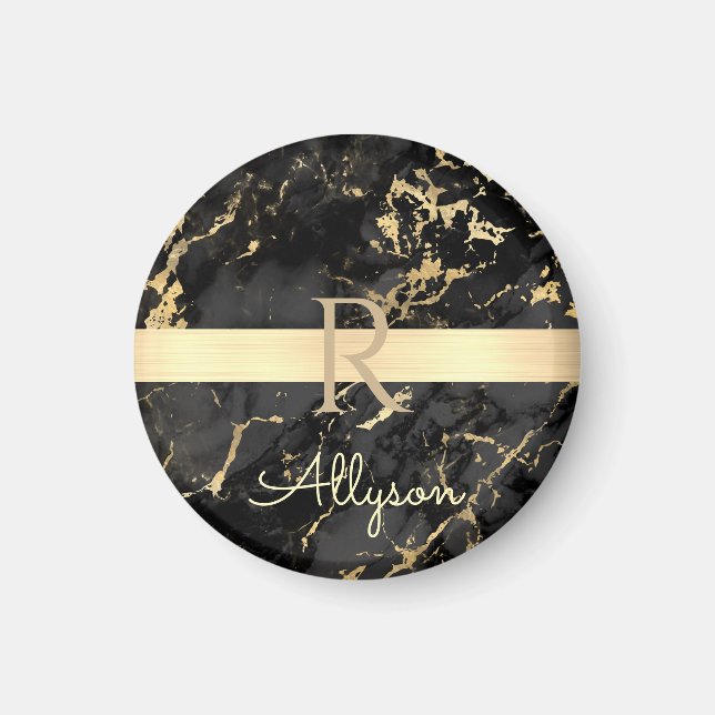 DIY Name & Monogram, Gold Bar, Black & Gold Marble Magnet (Front)